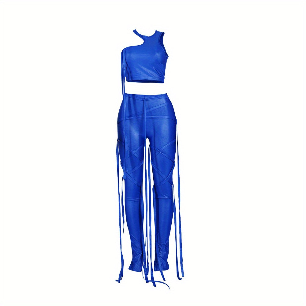 Chic Solid Two-piece Outfit Set - Trendy Asymmetrical Sleeveless Top & Slim-Fit Pants - Flattering Womens Wardrobe Essential