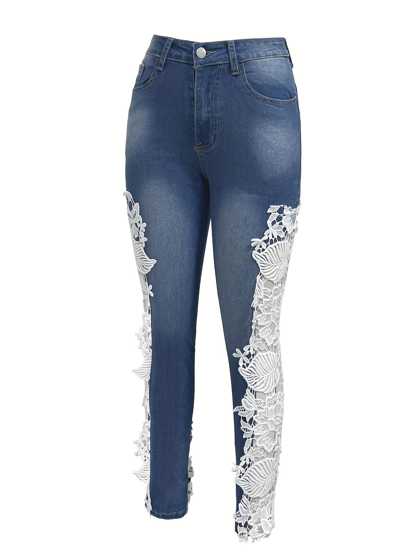 Elegant Skinny Fit Hollow Out Lace Contrast Denim Jeans, Women's Denim Pants & Clothing