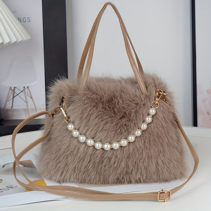 Chic Faux Fur Crossbody Bag with Pearl Accents - Soft Plush Shoulder Purse for Women, Available in Pink, Khaki, Coffee, White, Black