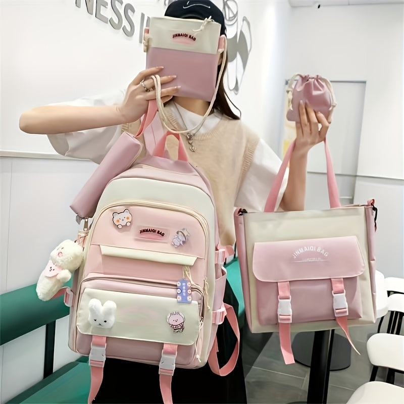 5pcs High School Junior High School Student Mori Department Backpack Girl Color Contrast Cute Large Capacity Backpack Anti-school Season Schoolbag
