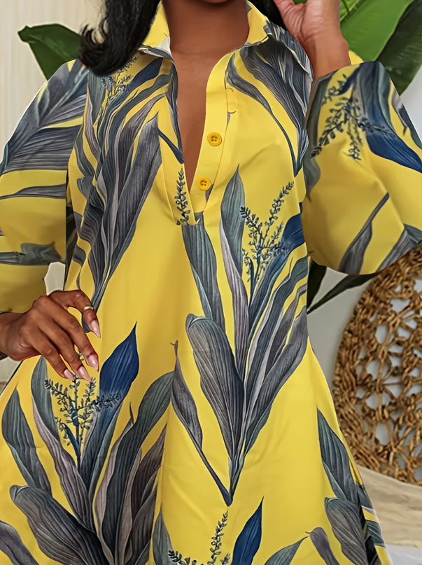 Floral Button-Down Midi Dress with Long Sleeves, Women's Casual Dress