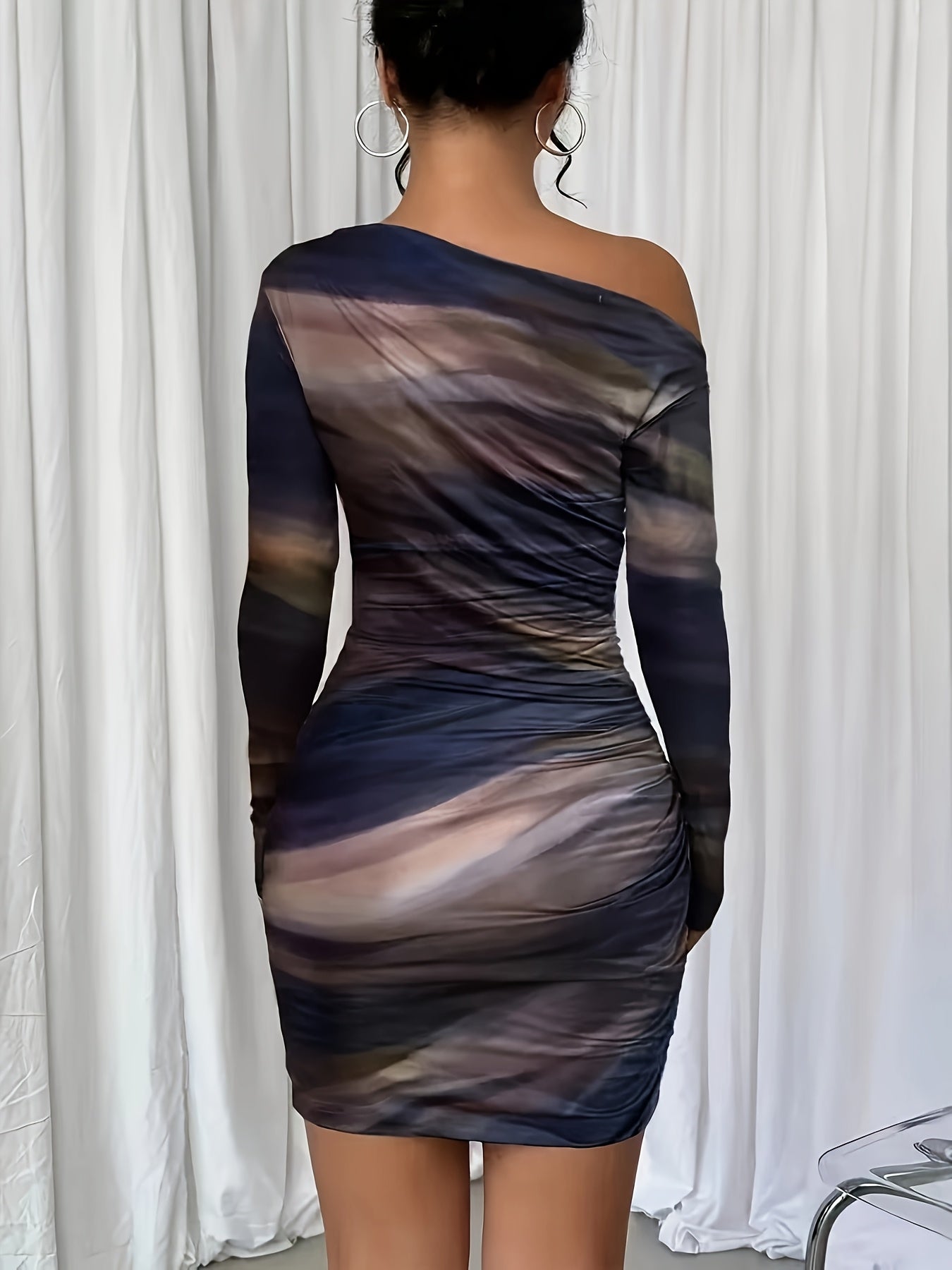 Elegant Asymmetrical Neck Tie-Dye Long Sleeve Bodycon Dress - Green & Black Marble Pattern, Skinny Fit, Perfect for Adult Women, Stylish Evening Attire|Asymmetrical Neckline|Tie Dye Pattern