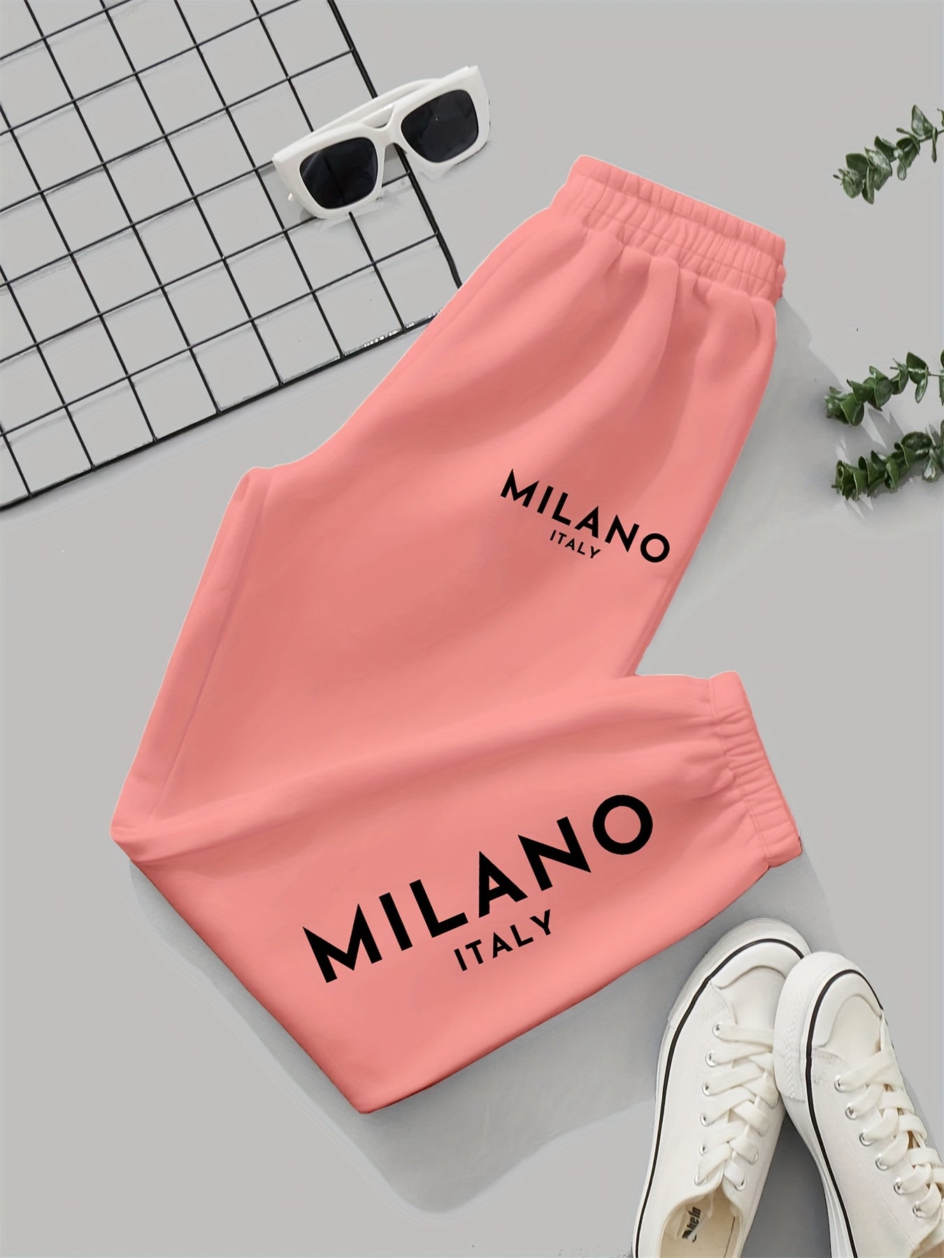Milano Italy Printed Women'S Jogger Pants, Casual Knit Polyester 100% Fabric, 190g/m², All-Season, with Pockets, Fashionable Long Jogging Trousers for Adult