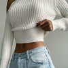 Ribbed Asymmetrical Neck Knit Crop Sweater, Sexy Cold Shoulder Long Sleeve Pullover Sweater, Women's Clothing