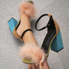 Women's Elegant Colorblock Sandals, Fluffy Faux Fur Ankle Strappy Buckle Shoes, Summer Dressy Chunky Heels
