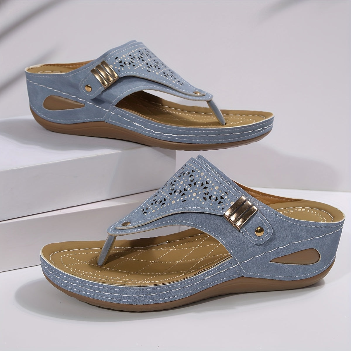 Women's Open Toe Wedge Slide Sandals – Perforated Faux Cover, Arch Support, Hook-and-Loop Closure, Soft Rubber Sole, All-Season Comfort