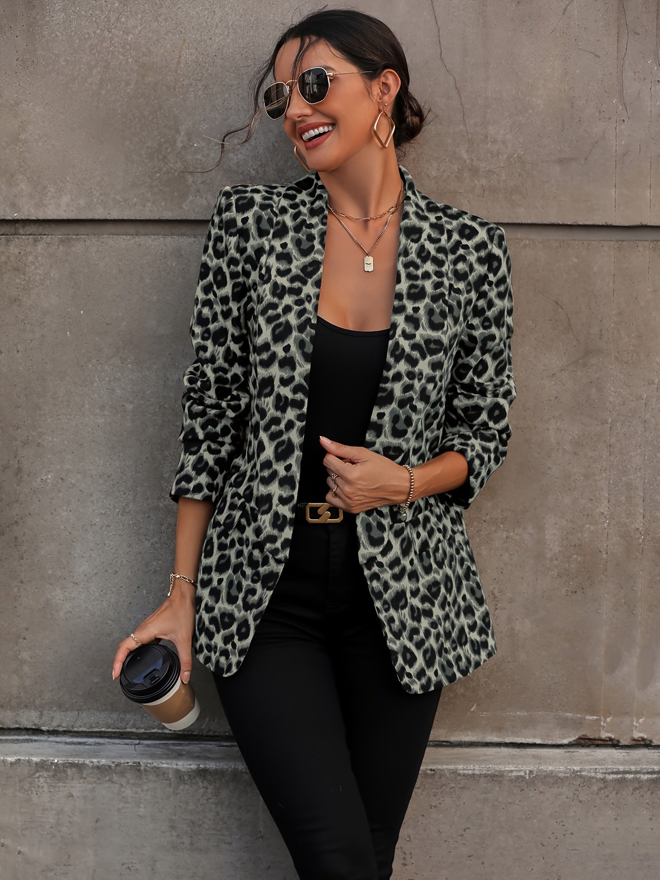 Leopard Print Open Front Blazer, Elegant Lapel Neck Long Sleeve Blazer For Office & Work - Women's Clothing - Stylish & Professional - Suitable for Business Meetings & Formal Events - Perfect Gift for Women