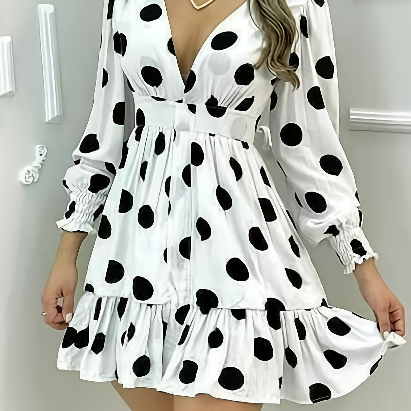Women'S Fashion Polka Dot Print V-Neck Fitted Dress with Frill Detail, Polyester Woven Fabric, All-Season Versatile Style