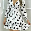 Women'S Fashion Polka Dot Print V-Neck Fitted Dress with Frill Detail, Polyester Woven Fabric, All-Season Versatile Style