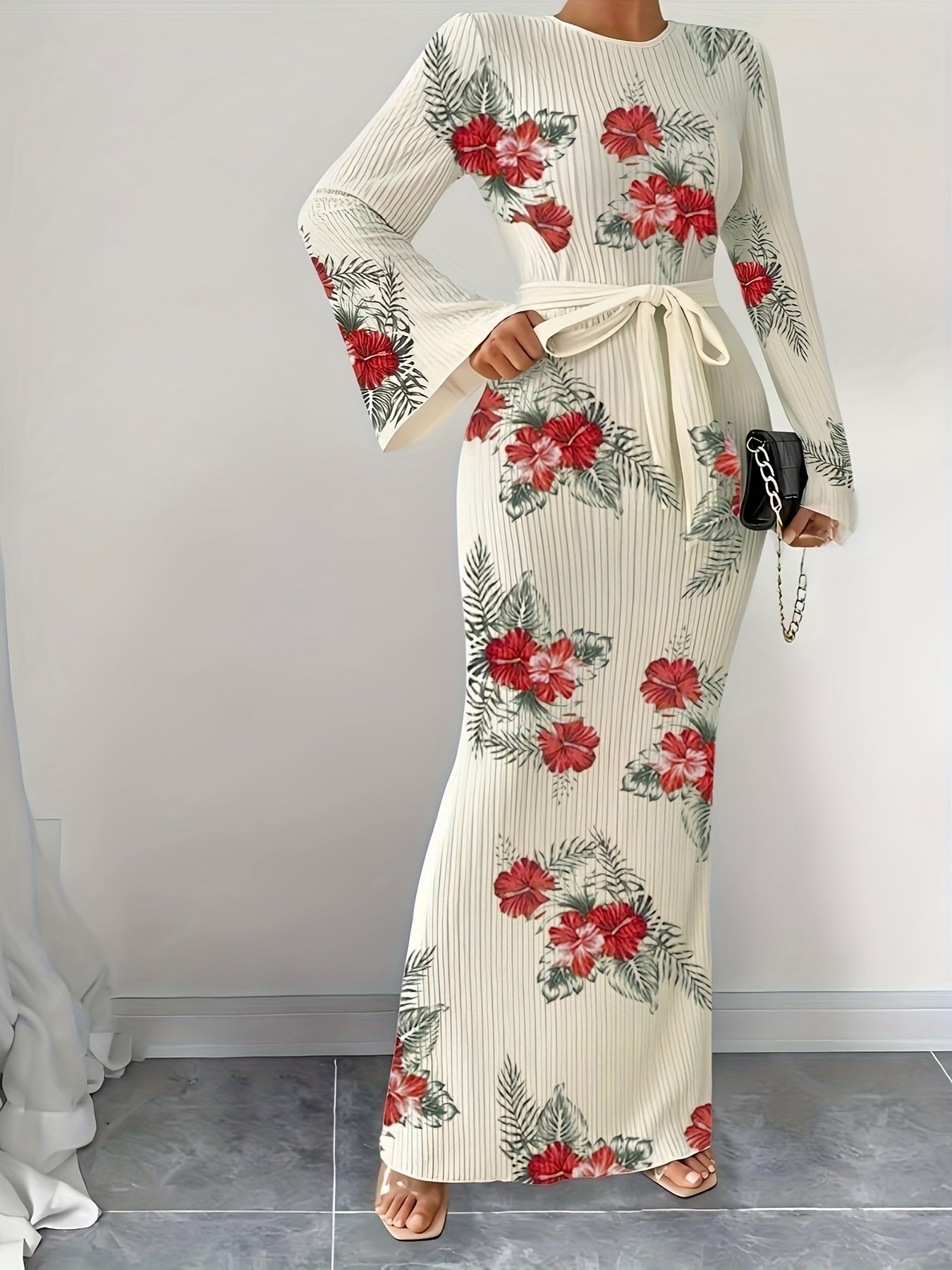Elegant Women's Floral Maxi Dress with Pleated Fabric - Flared Long Sleeves, Round Neck, Belted Waist, Ribbed Detail - Polyester, Non-Sheer - Perfect for Fall/Winter, Stylish Layering Piece|Pleated Fabric Gown|Polyester Dress