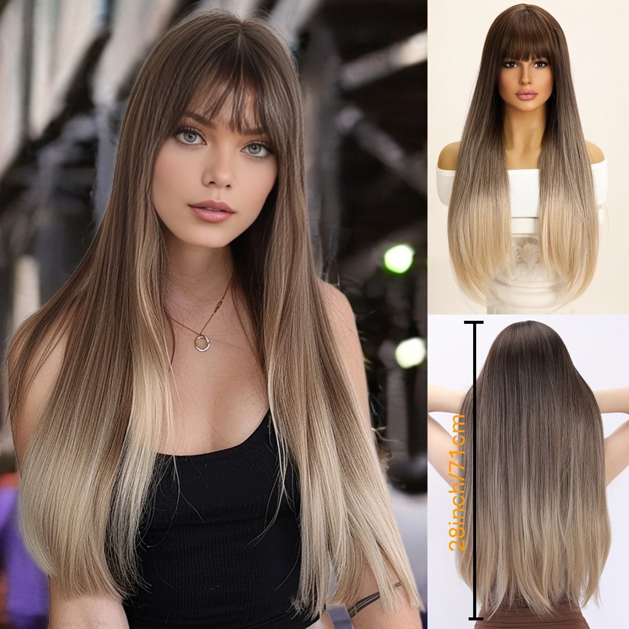 Long Natural Straight Dark Brown Wig, Blunt Bangs, Synthetic Fibers, Perfect For Daily Wear, Rose Net, 24 Inch