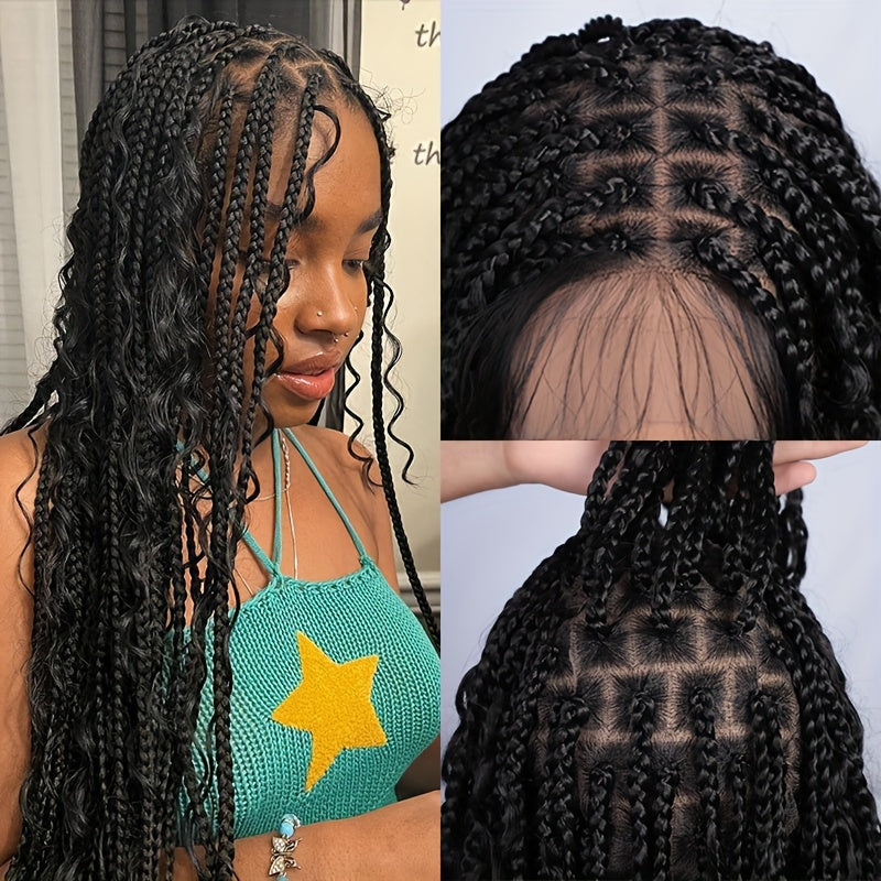 360 Lace Boho Knotless Box Braided Wig for Women - Full Double Lace with, Natural Black Synthetic Hair, Lightweight & Breathable, Perfect for Daily Wear, Parties, and Special Occasions, Versatile Hair Solution | Voluminous Br