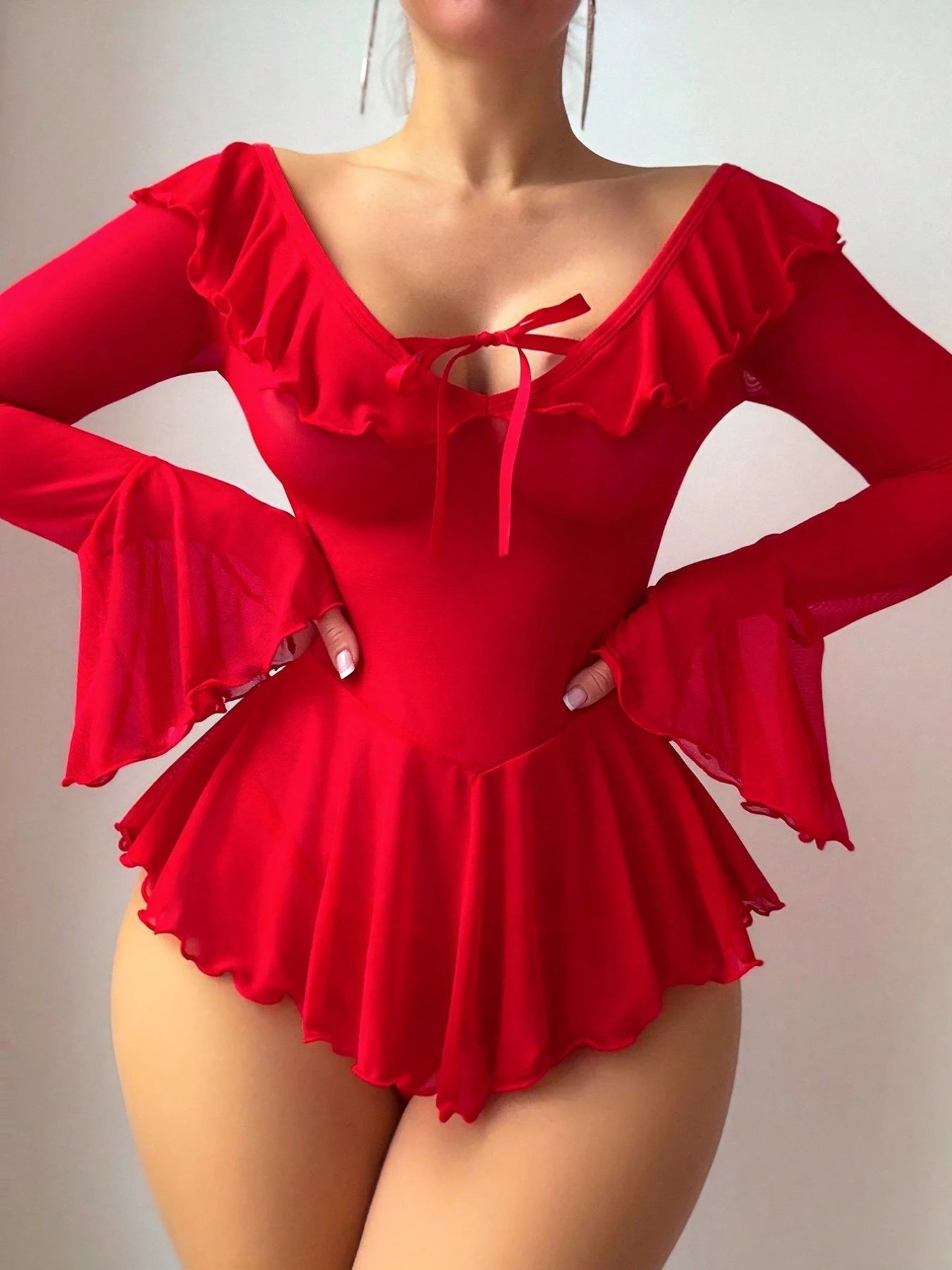 Women Lingerie Chemise Nightdress Solid Color See-Through Ruffles Dress Nightgown Sleepwear Slips Nightie with Thong
