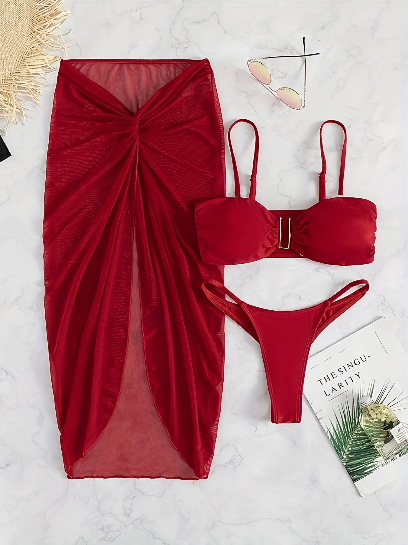 Women's 3-Piece Solid Color Bikini Set – U-Wire High Cut Thong Swimsuit with Matching Cover-Up Skirt, High-Stretch Swimwear