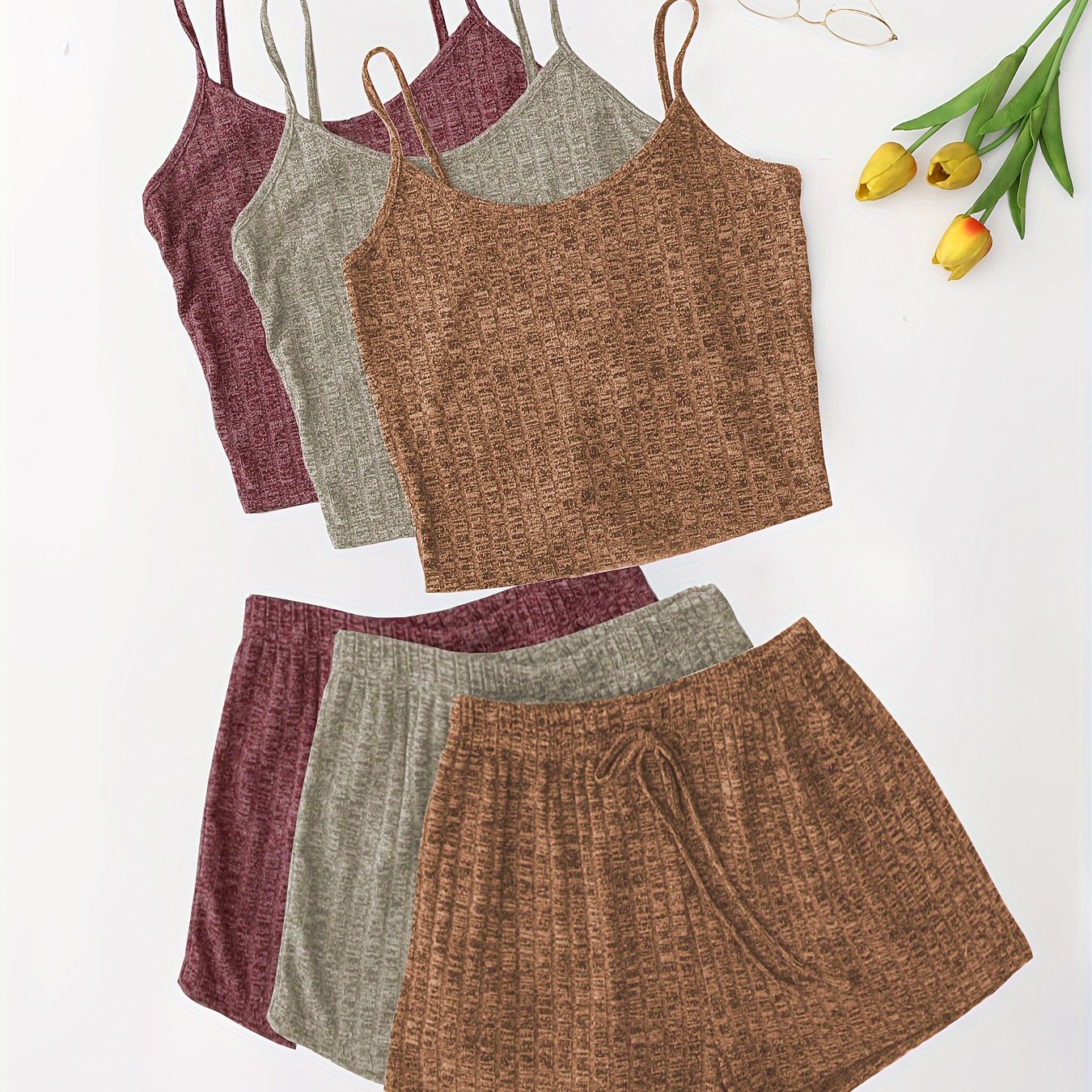 3 Sets Solid Pajama Set, Round Neck Cami Top & Lace-up Shorts, Women's Sleepwear & Loungewear