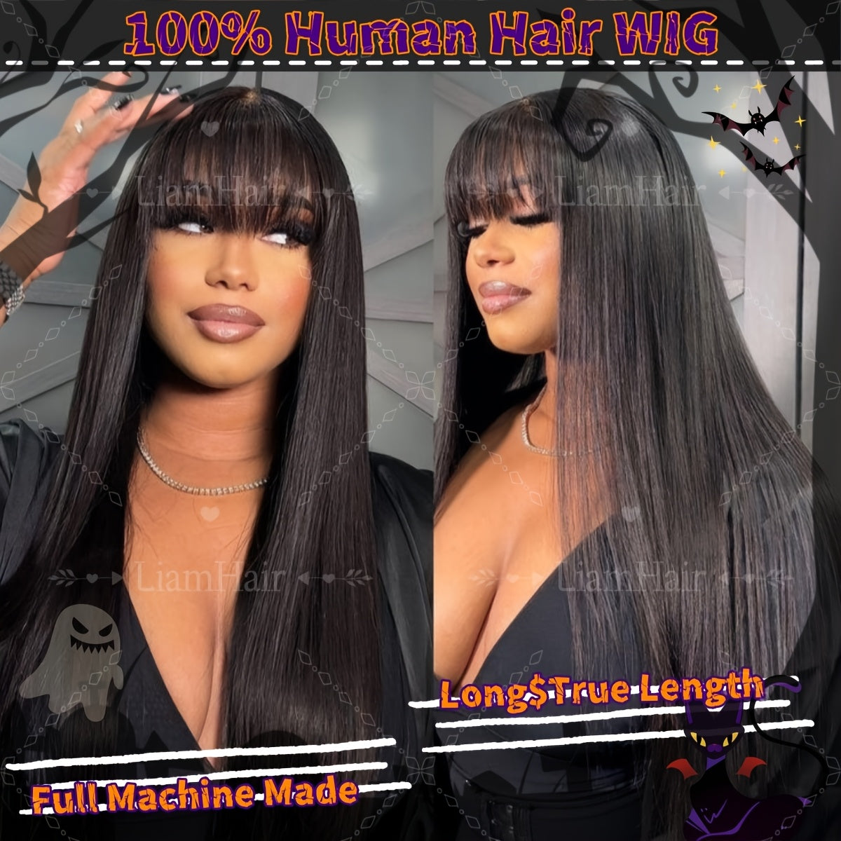 Glueless Bone Straight Wigs with Bangs 100% Long And True Length Human Hair Natural Black Color Wigs for Women Party Gifts Full Machine Made Rose Cap Straight No Glue No Lace Wigs 16inch-40inch