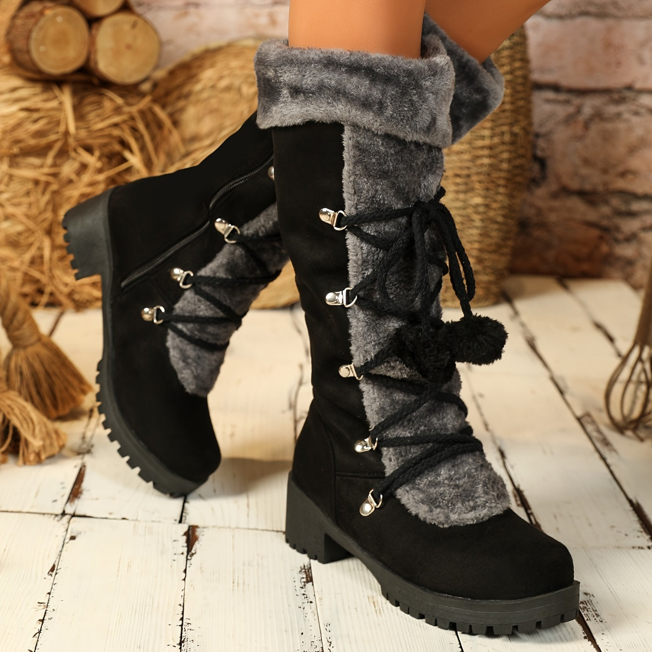 Warm Mid-Calf Winter Snow Boots - Elegant Women's Fur-Lined Knight Boots with Chunky Heel, Pom-Pom Accents & Side Zipper - Cozy Thermal Insulated Riding Boots for Cold Weather