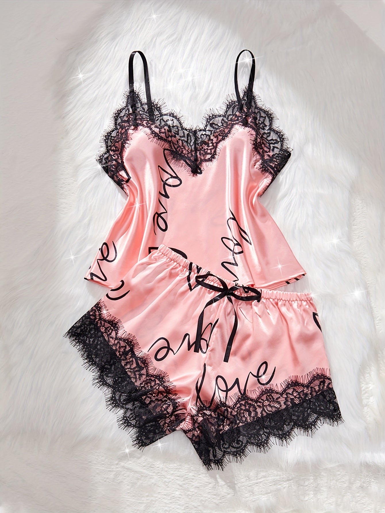 Women's Heart & Letter Print Lace Trim Elegant Satin Pajama Set, V Neck Backless Cami Top & Shorts, Comfortable Relaxed Fit, Summer Nightwear