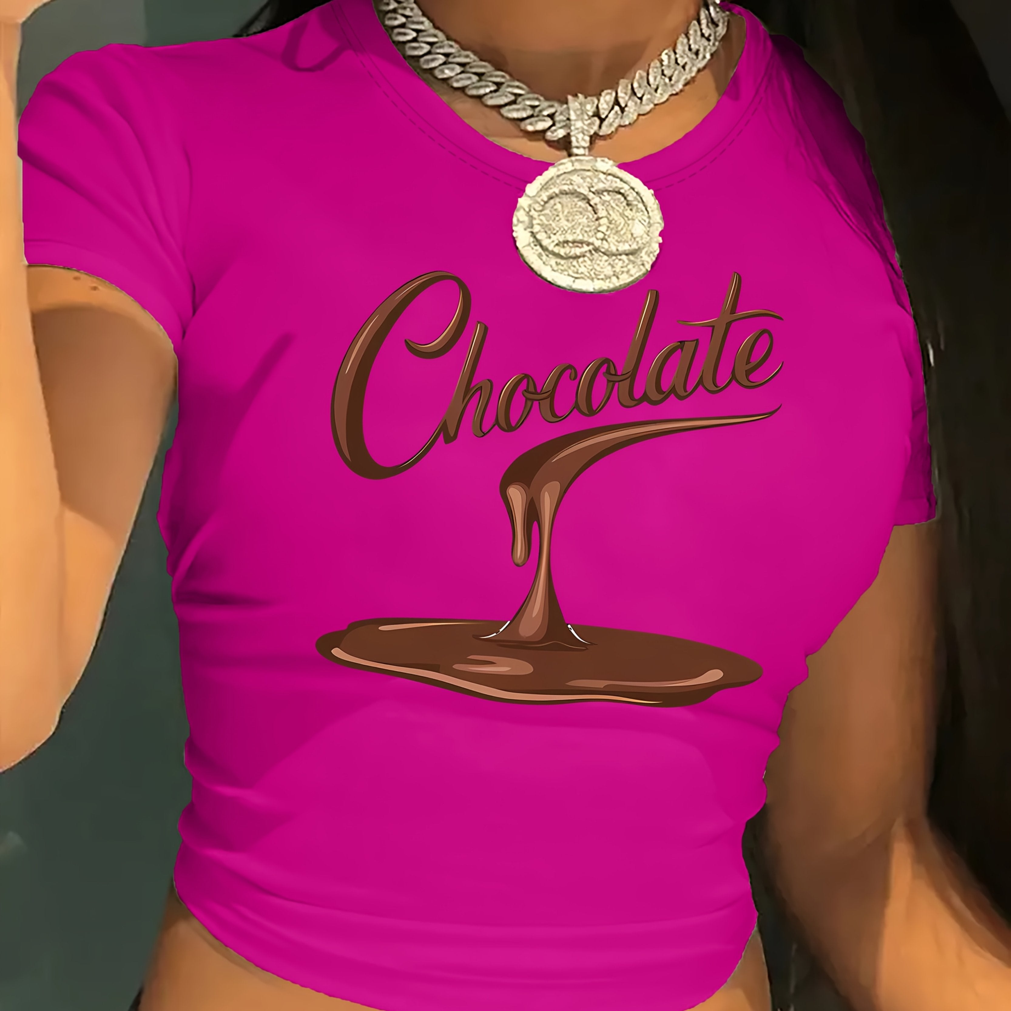 Women'S Y2K-Inspired "Chocolate" Graphic Tee - Black Short Sleeve Crew Neck T-Shirt with Playful Design, Perfect for Spring & Summer, Casual Wear|Chocolate Theme|Short Sleeve Shirt
