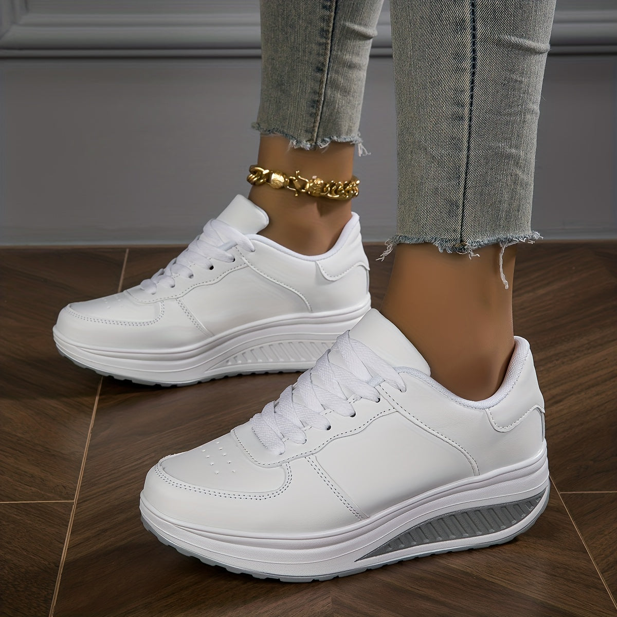 Women's Fashionable Rocker Sneakers - Breathable, Non-Slip Thick Sole Casual Shoes in Brown with White Sole Accents, Lace-Up Low Tops, Stain-Resistant, All-Season Wear
