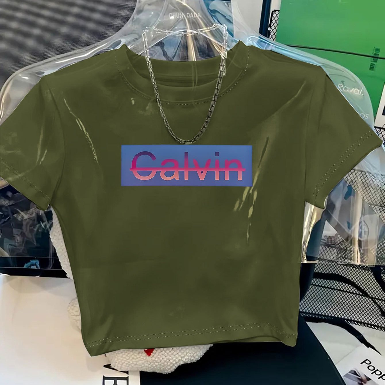 Women's Y2K Style Cropped T-Shirt with Bold CALVIN Monogram Print - Vibrant Red & Blue Lettering, Soft Comfortable Fabric, Machine Washable, Versatile Casual & Dressy Outfits