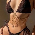 Sexy Women'S Split Bikini Swimsuit With Golden Chain Solid Color