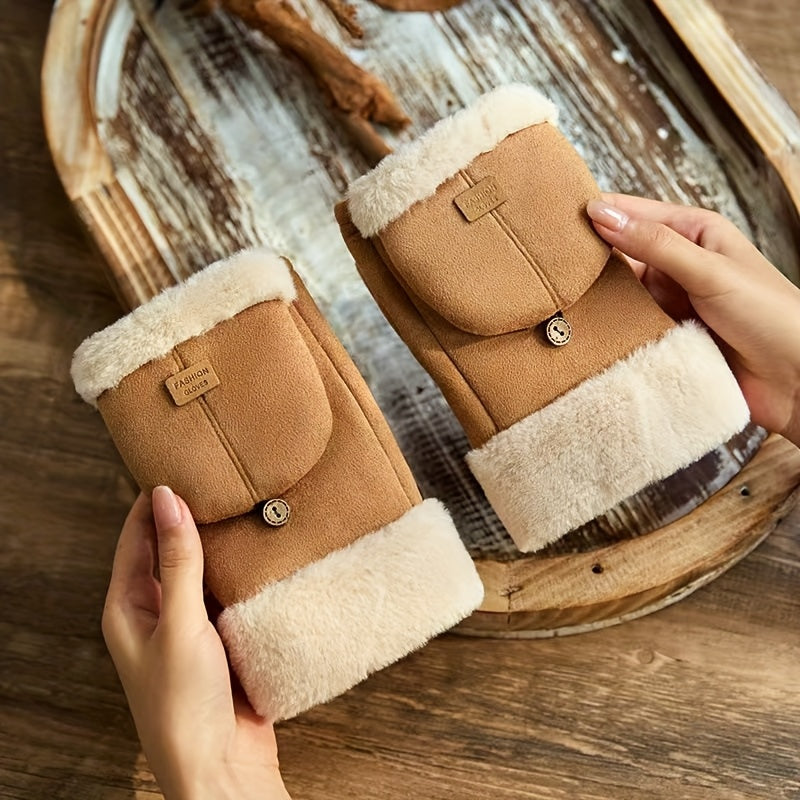 Women'S Autumn And Winter Warm And Cute Thick Fleece-Lined Half-Finger Touchscreen Gloves for Biking, Featuring a Flip Cover.