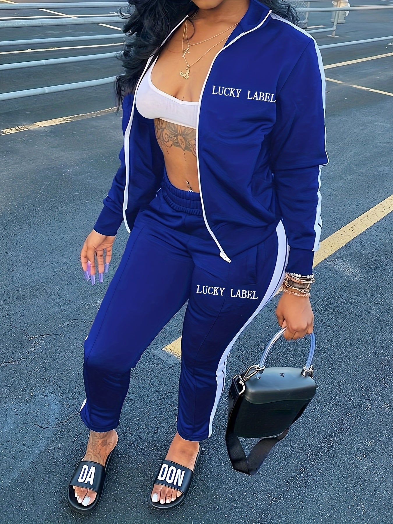 Women's Letter Pattern Striped Two-piece Set, Zip Up Long Sleeve Tops & Elastic Waist Pants Outfits - Casual Style - For Women - Perfect for Daily Wear, Parties & Going Out