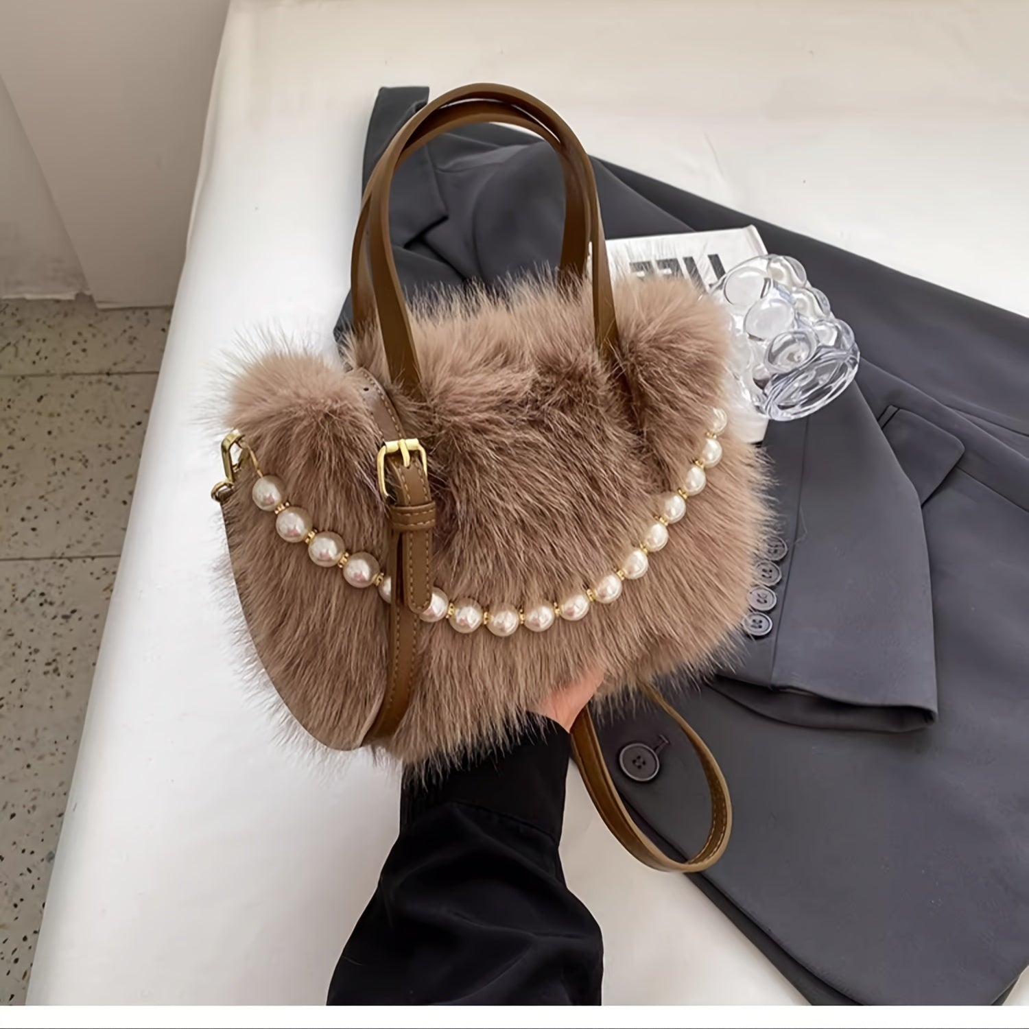 Chic Faux Fur Crossbody Bag with Pearl Accents - Soft Plush Shoulder Purse for Women, Available in Pink, Khaki, Coffee, White, Black