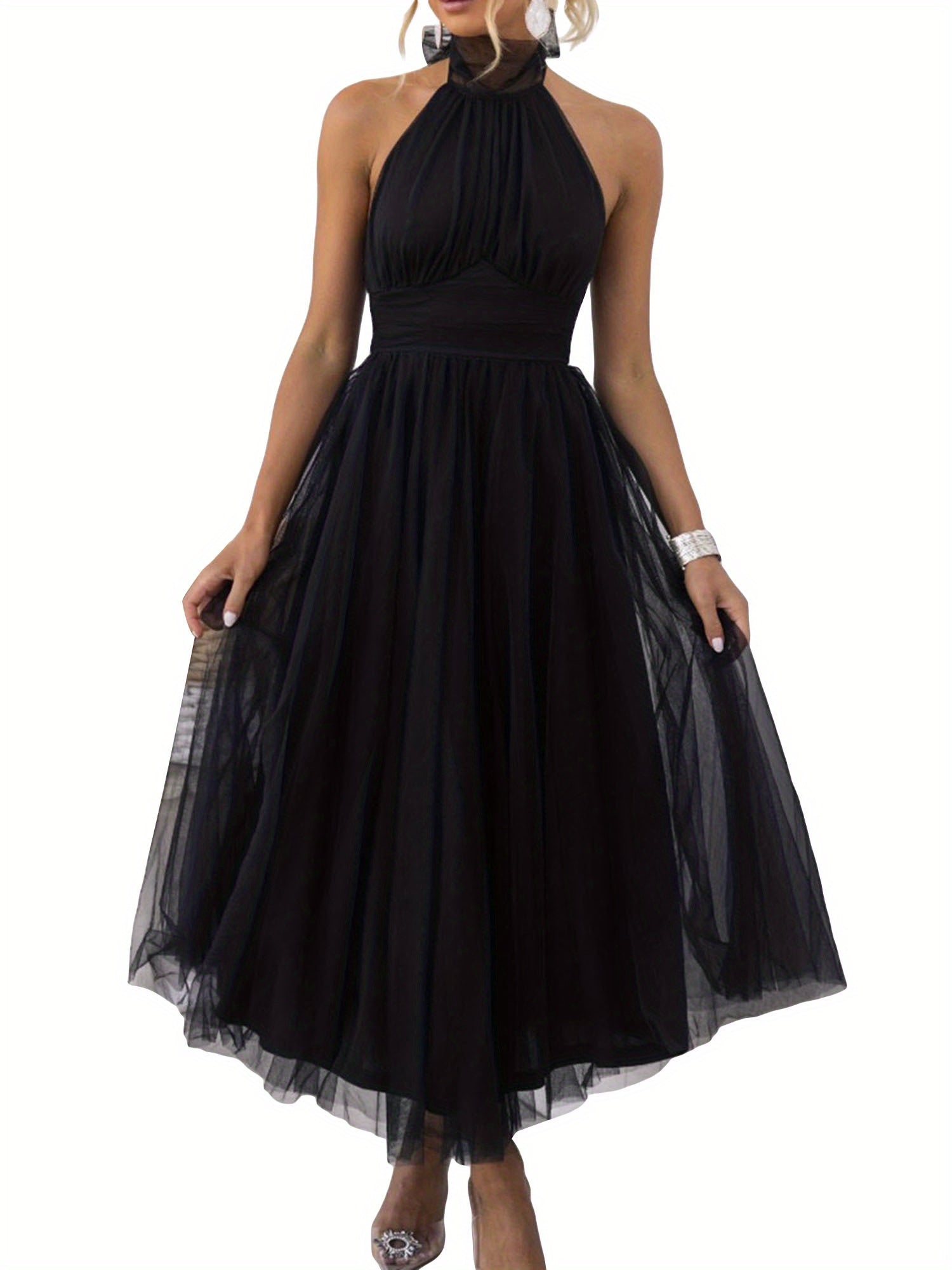 Womens Backless Long Dress Adjustable Tie Halter Neck Tulle High Waist Solid Party Wedding Dress