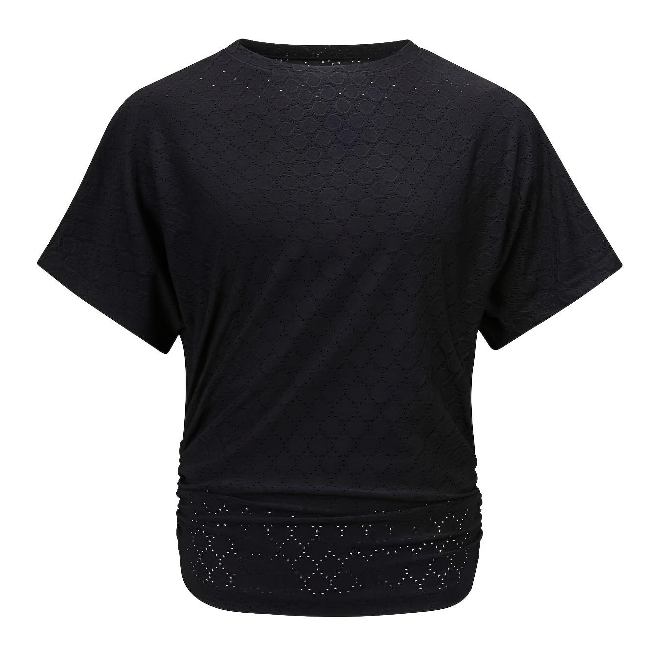 Women's Elegant Solid Color Blouse with Casual Textured Batwing Sleeves - Lightweight Polyester, Ruched Detail, Perfect for Spring/Summer