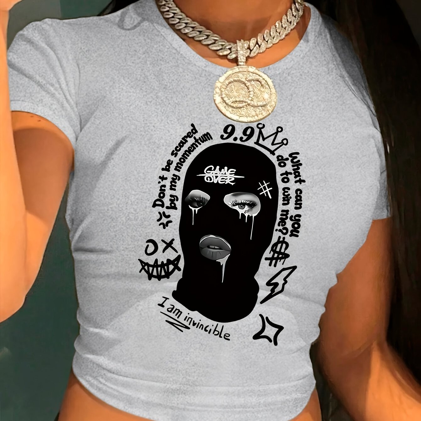 Women'S Y2K Graphic Crop Top T-Shirt - Black Short Sleeve with Unique Black and White Print, Casual Spring/Summer/Fall Wear, Crop Top Blouse