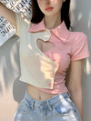 Women's Summer Casual Collar Cropped Top - Heart Cut-Out & Color-Block Design, Short Sleeve Non-See-Through Shirt for Trendy Outfits