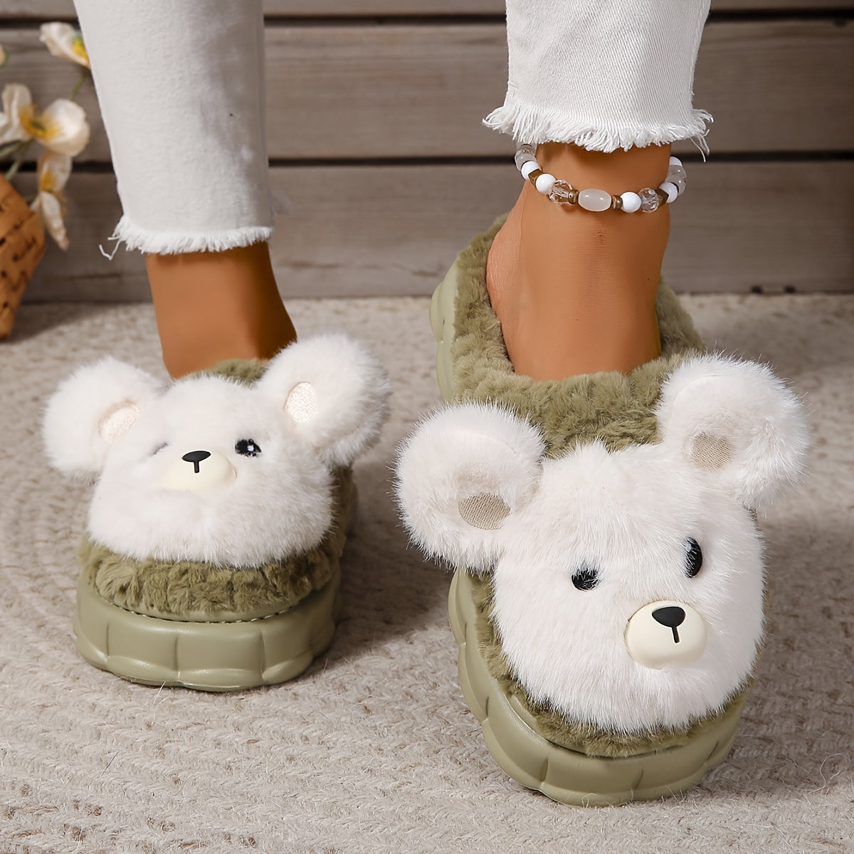 Ladies Cartoon Plush Lined Cozy Thick Sole Home Slippers, Honey Girl Style, Easy Slip-On, Cartoon Pattern, Winter Comfy Fabric Footwear with EVA Sole, European & Southeast Asia Special - Ruian Origin