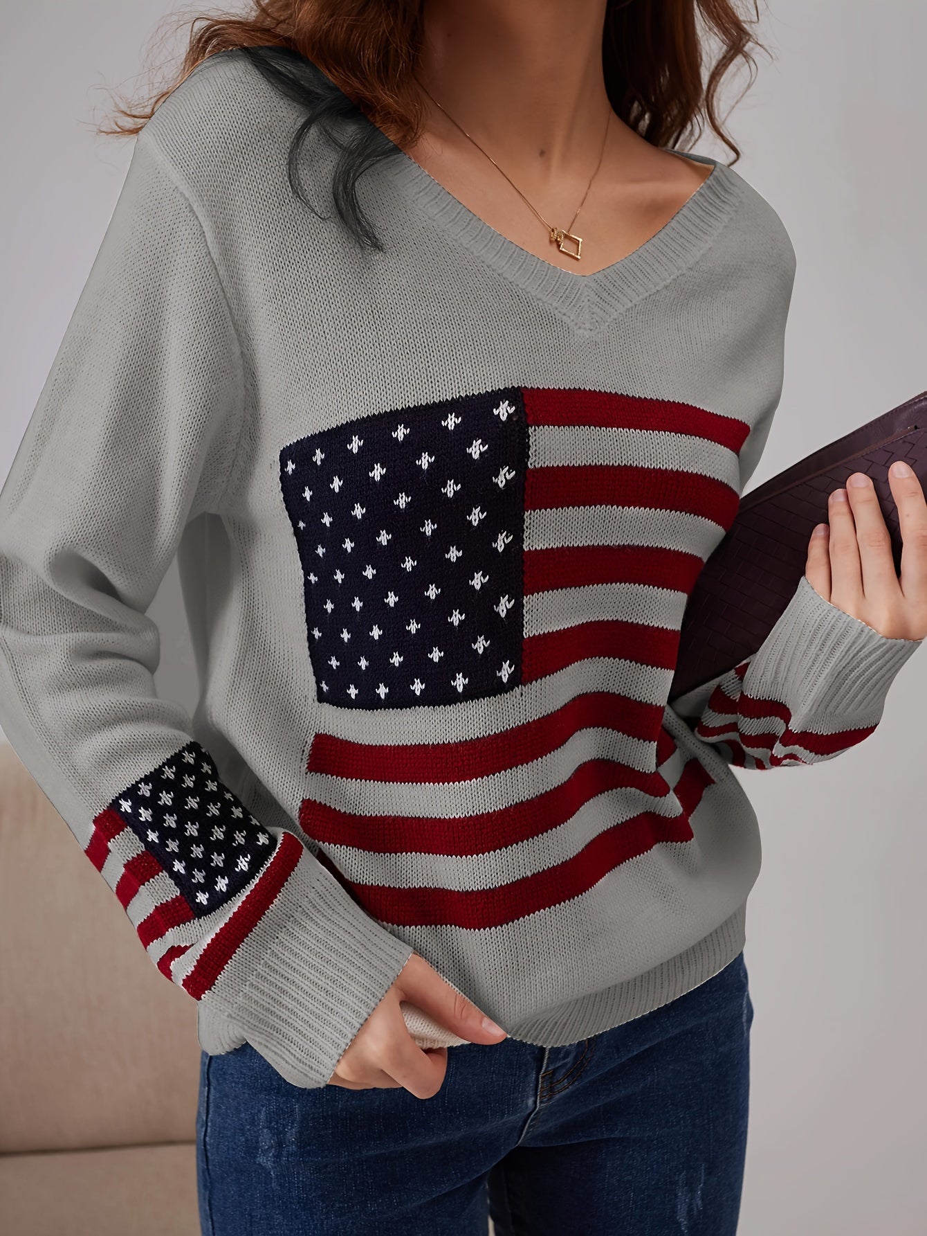 American Flag Print V Neck Sweater, Casual Long Sleeve Sweater For Spring & Fall, Women's Clothing