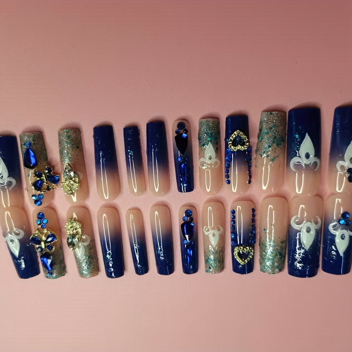 24pcs Luxe Blue Gradient 3D Press-On Nails with Rhinestones, Pearls & Golden Accents - Long Square Shape, Glamorous Heart & Floral Design for Elegant Manicures, Nail Art