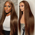 250% Density Silk Straight Wigs 100% Brazilian Human Hair 13*6 HD Transparent Lace Deep Parting Pre Plucked Natural Hairline Chocolate Brown Straight Human Hair #4 Color Wig Suitable For All Women