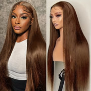 250% Density Silk Straight Wigs 100% Brazilian Human Hair 13*6 HD Transparent Lace Deep Parting Pre Plucked Natural Hairline Chocolate Brown Straight Human Hair #4 Color Wig Suitable For All Women