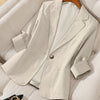 Women's Light Beige Casual Blazer Jacket - Solid Color Single-Breasted Button Front, Notch Lapel & Chest Pocket, Machine Washable H-Silhouette for Autumn Office & Casual Attire, Subtle Stripe Texture