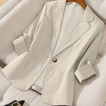 Women's Light Beige Casual Blazer Jacket - Solid Color Single-Breasted Button Front, Notch Lapel & Chest Pocket, Machine Washable H-Silhouette for Autumn Office & Casual Attire, Subtle Stripe Texture