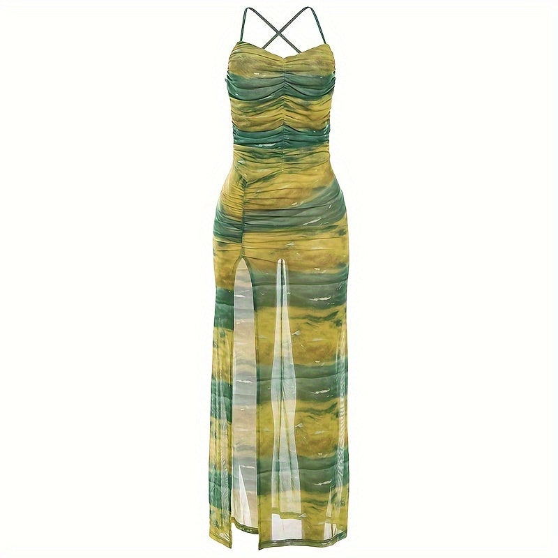 Backless Ruched High Slit Cami Dress - Sexy Slinky Sleeveless Maxi Dress - Polyester - For Spring & Summer - Women's Clothing - Perfect for Parties & Casual Occasions