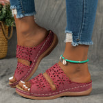 Women's Brown Synthetic Leather Slide Sandals - Open Toe, Floral Cut-Out Design, Soft TPU Sole, Comfortable Summer Footwear for Casual Wear, Stylish Outdoor Wear | Floral Cutout Sandals | Comfortable TPU Sole, Strappy Sandals