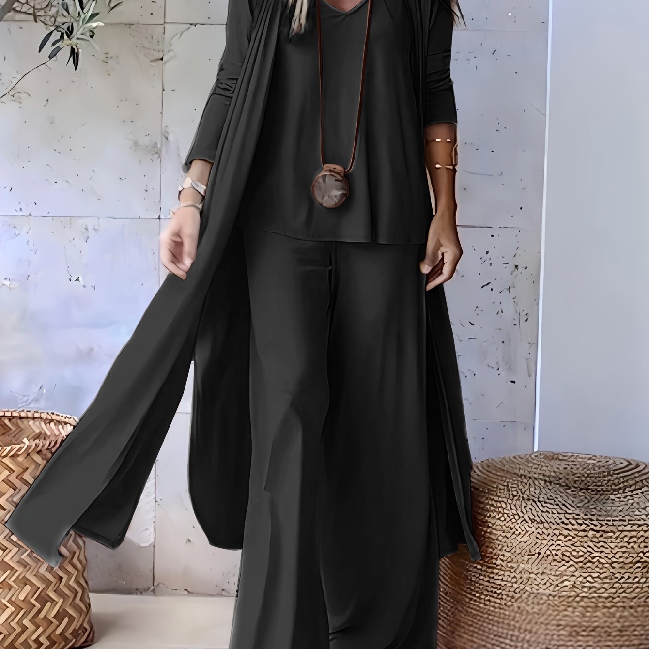 Casual and Fashionable Simple Solid Color with Draping Sensation Sleeveless V-Neck Cardigan with Long Sleeves and Extra Long Side Slits Knitted Cardigan with Elastic Waist and Wide Leg Trousers