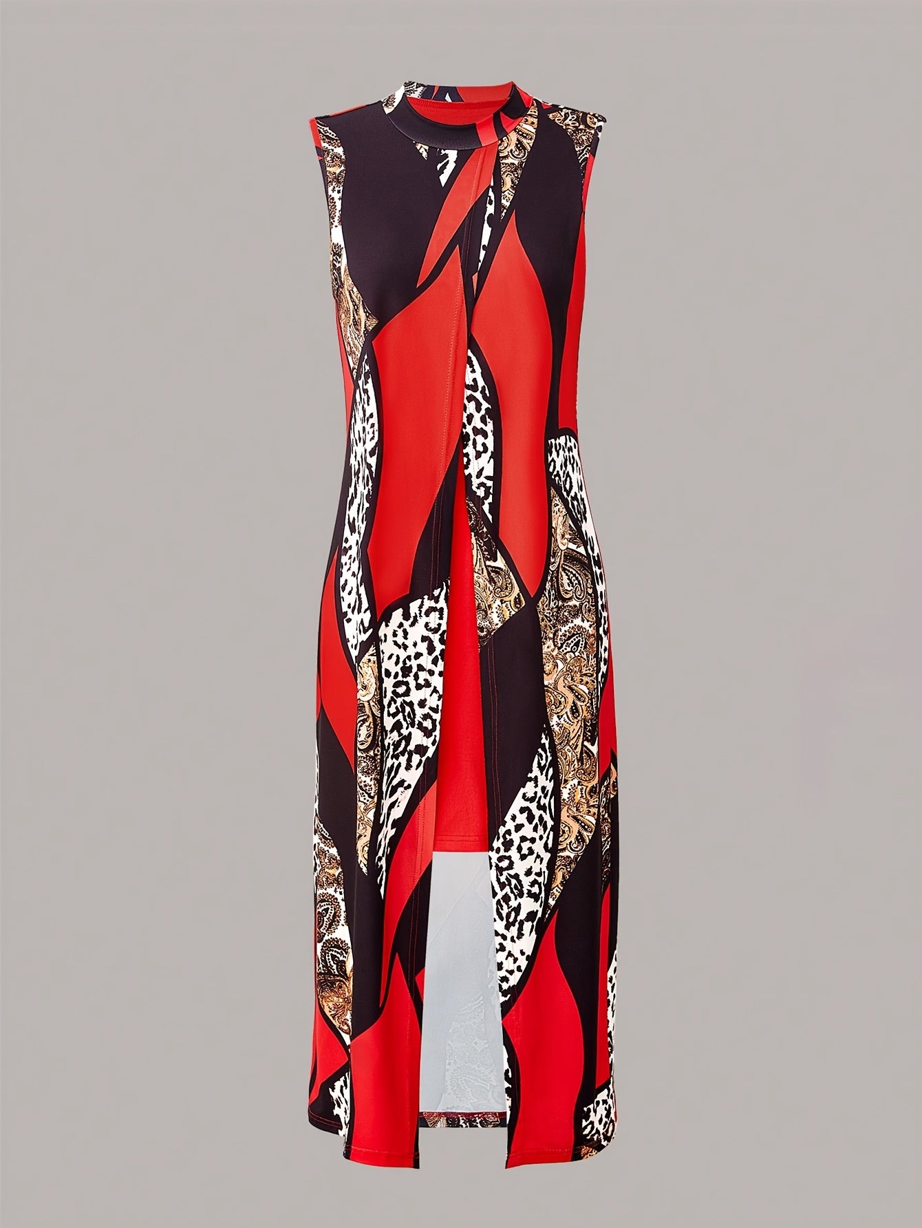 Women's Round Neck Printed Faux Two-Piece Design Slim Fit High-Waisted Dress