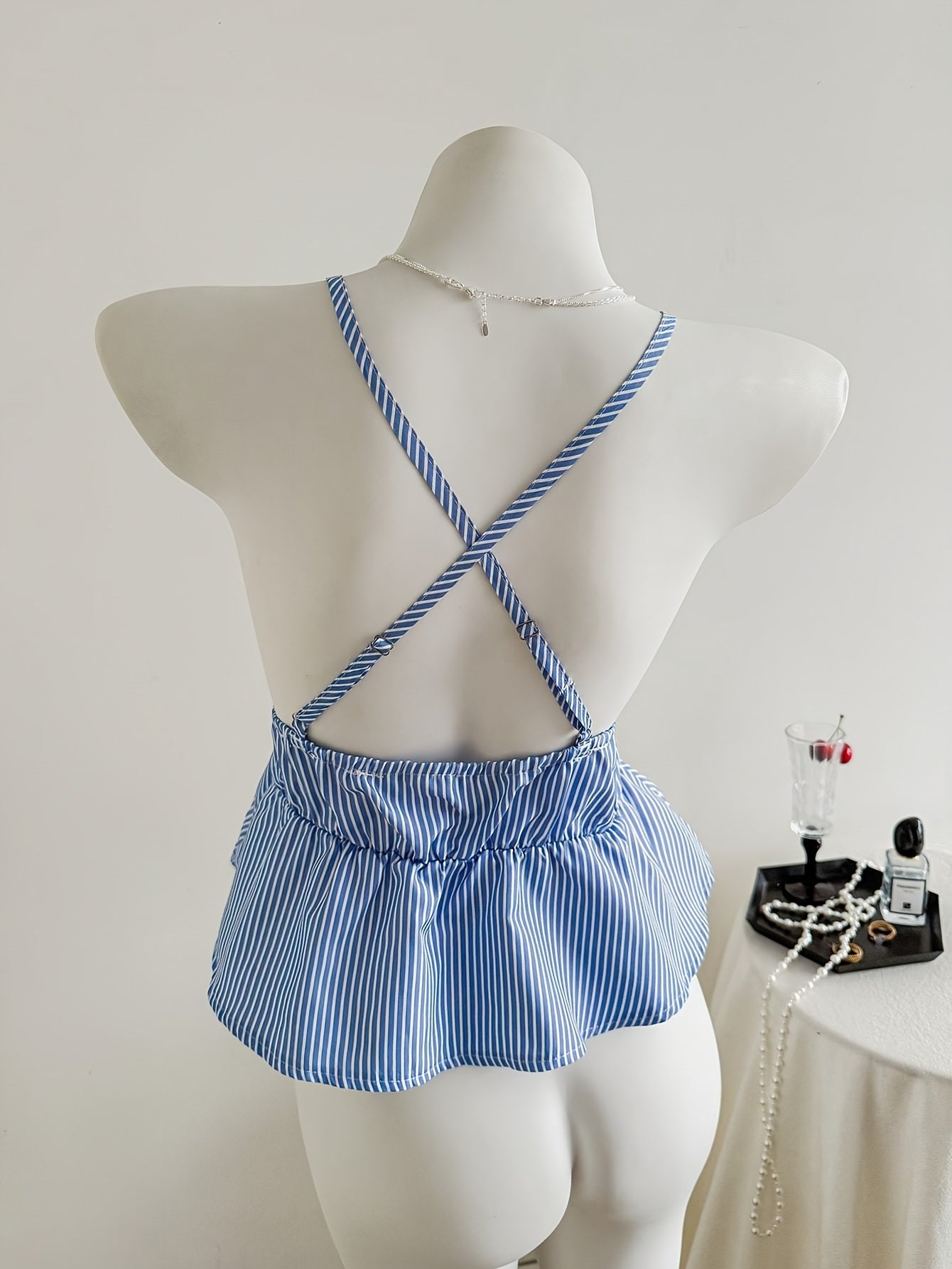Elegant Blue & White Striped Halter Neck Dress - Casual Summer Fashion for Women, Sleeveless with V-Neckline, Stylish Accessory, Casual Attire|Striped Pattern|Elegant Neckline