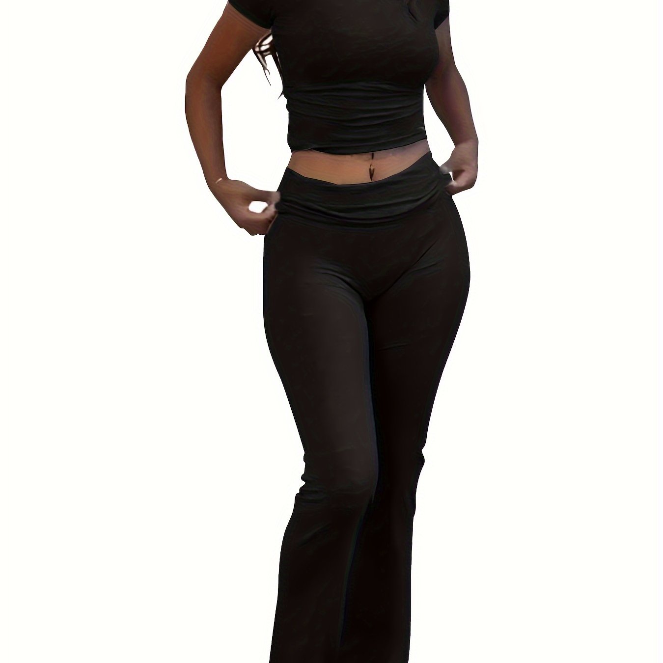 Women's Casual Slim Fit Two-Piece Pants Set – Short Sleeve Crew Neck T-Shirt & High Stretch Flared Leg Sport Pants Outfit