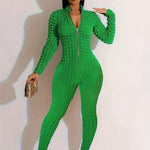 Women'S Solid Color Popcorn Jumpsuit, Polyester 95% Spandex 5% Long Sleeve Crew Neck Knit Fabric, Chain Detail, Regular Sleeve, Spring/Fall Season, 250g/m² Fabric Weight
