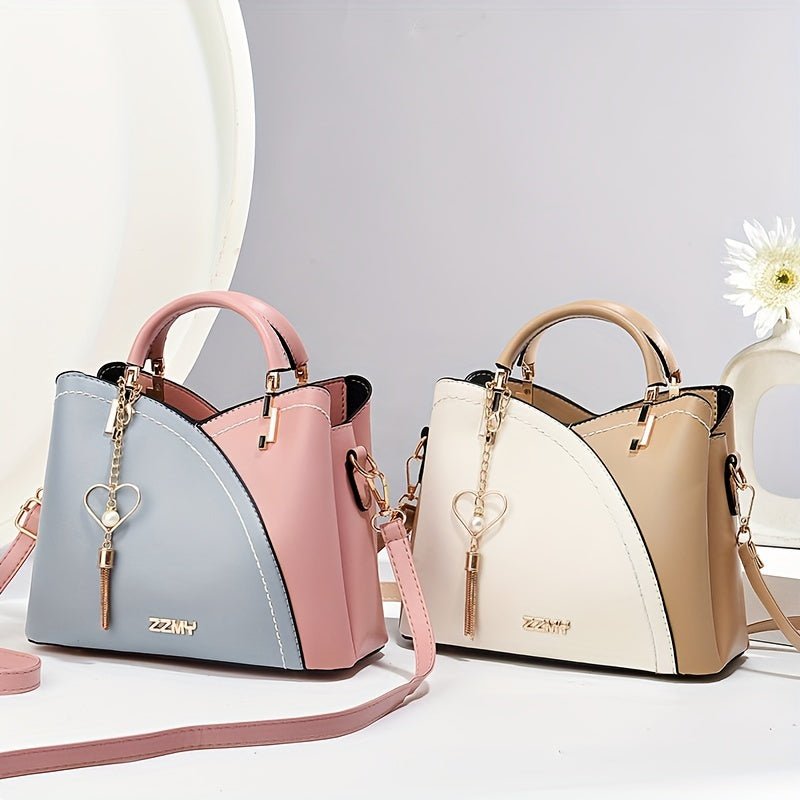 Elegant 2pcs Women's Handbag Set with Heart Tassel - Chic Colorblock Crossbody & Clutch Purse, Adjustable Strap, Magnetic Closure - Perfect Valentine's Gift