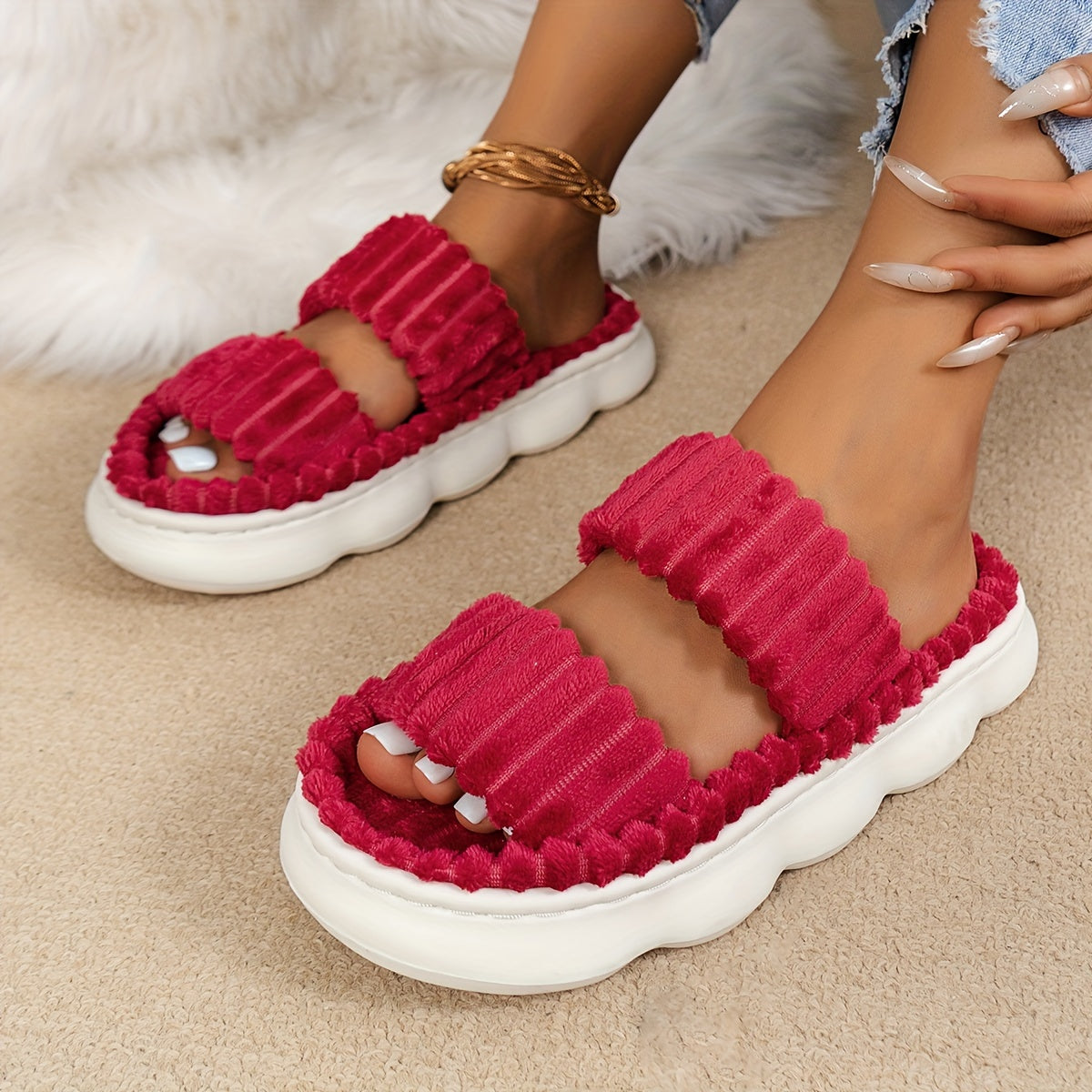 Women's Simple And Stylish Indoor Home Comfortable Non-Slip Soft Bottom Thick Open Toe Two Strap Faux Furry Slippers