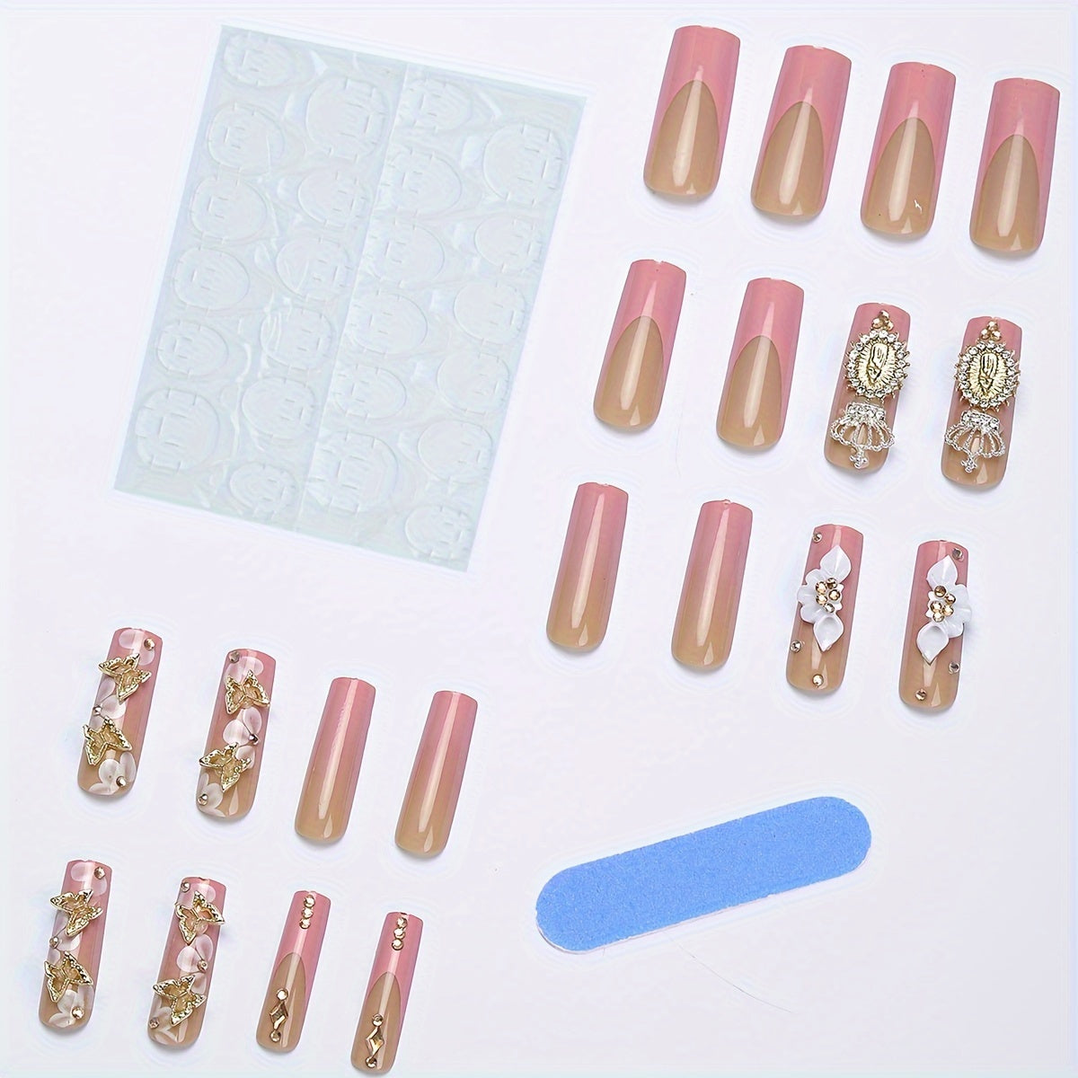 24pcs Rectangular Pink French False Nails with Flower Print, Shiny Rhinestone Metal Crown Design, Press-on Nails, Essential for Ladies' Party, Acrylic Press-on Nails with Jelly Glue 1pc and Scrubbing Strip 1pc